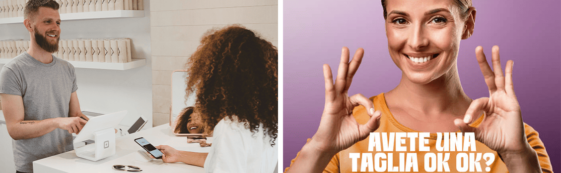 A sinistra foto illustrativa di un pagamento in un negozio A destra foto del servizio Hear/t