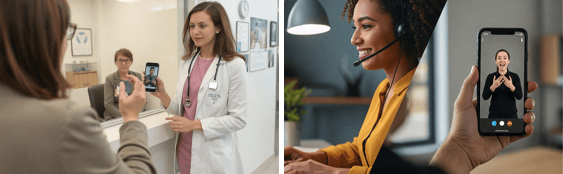 A sinistra, una dott.ssa che regge un cellulare con un interprete LIS collegato che traduce quanto dice una signora sorda. A destra, un'immagine rappresentativa di un collegamento telefonico tra interprete e centralinista per la traduzione di chiamate.