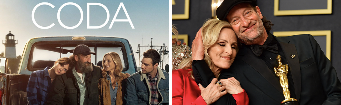 A sinistra la locandina del film CODA, a destra Marlee Matlin e Troy Kotsur abbracciati alla premiazione degli Oscar