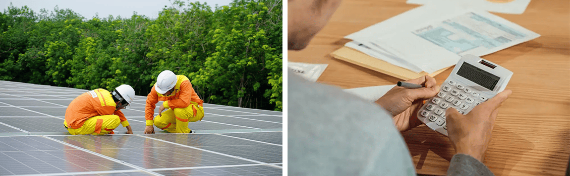 A sinistra due operai sopra dei pannelli fotovoltaici A destra una persona con in mano una calcolatrice, sullo sfondo alcune bollette