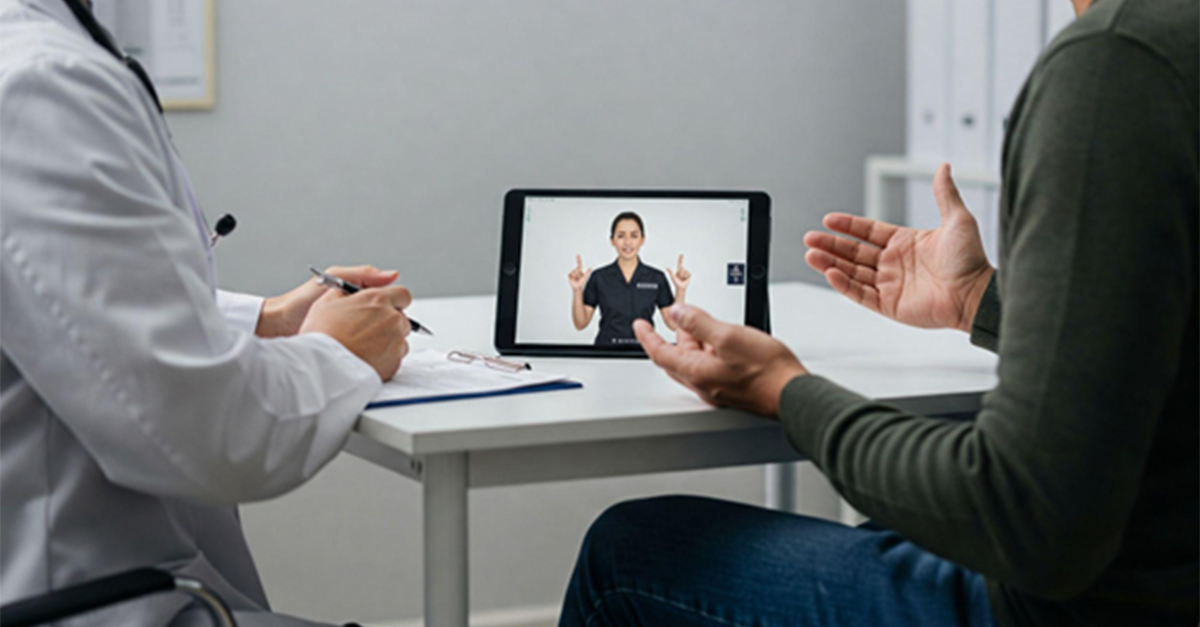 Un dottore ed un paziente sordo seduti ad un tavolo medico durante una visita, sul tavolo è posto un tablet con un interprete LIS collegata