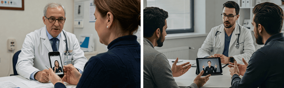 A sinistra, un paziente sordo che avvia una videochiamata da cellulare con un interprete LIS durante un colloquio con un medico. A destra, A sinistra, un paziente sordo che avvia una videochiamata da tablet con un interprete LIS durante un colloquio con un medico.