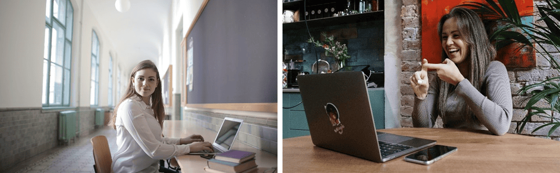 A sinistra una ragazza che sta studiando davanti ad un pc  A destra una ragazza in videochiamata al pc