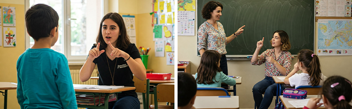 A sinistra un'assistente alla comunicazione che comunica con un bambino. A destra un assistente alla comunicazione che traduce quanto detto dalla maestra in classe.