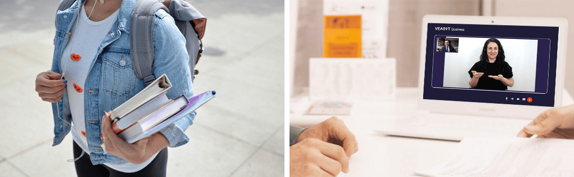 A sinistra una ragazza con uno zaino e dei libri in mano A destra due persone ad una scrivania che utilizzano il servizio di video-interpretariato LIS